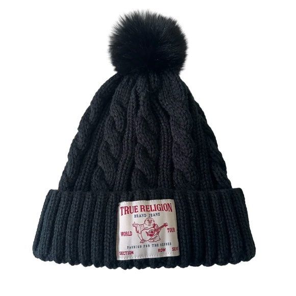 True Religion Black Chuncky Cable Knit Pom Pom Beanie - Picture 1 of 4